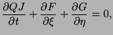 $\displaystyle \frac{\partial QJ}{\partial t}+\frac{\partial F}{\partial \xi}+\frac{\partial G}{\partial \eta}=0,$