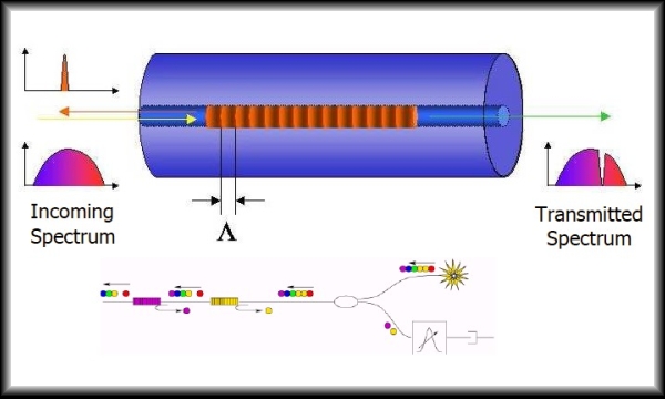 Schematic of a FBG sensor with reflected and transmitted spectra